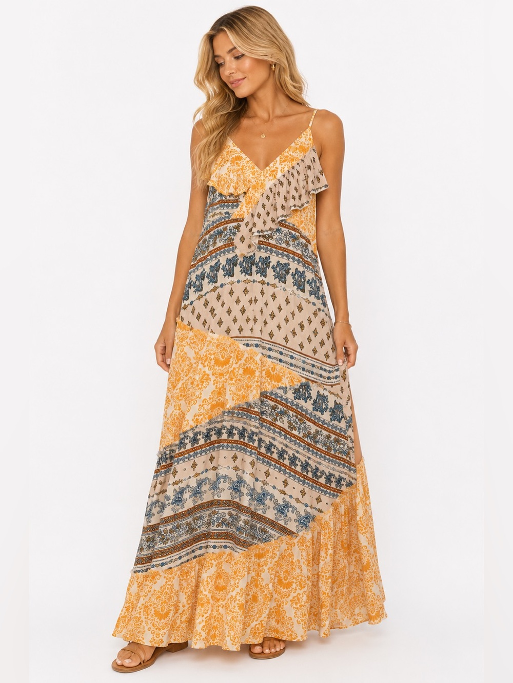 NWT POL Size Small Sunset Patchwork Maxi Dress - Yellow Floral